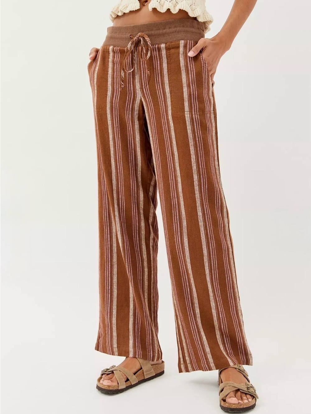 Urban Outfitters Costa Low-Rise Linen Striped Wide Leg Pants sz Large